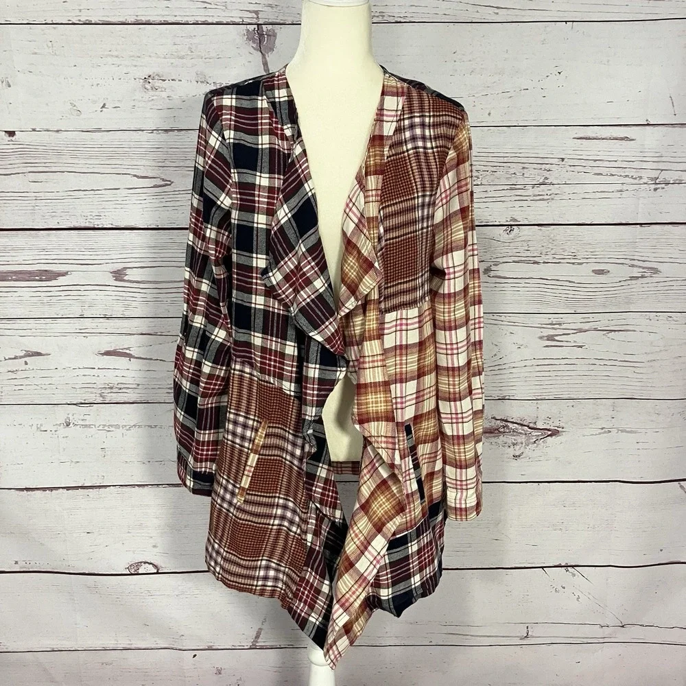 Cato Plaid Patchwork Open Front Cardigan Womens Size XL‎ Draped Fall Boho